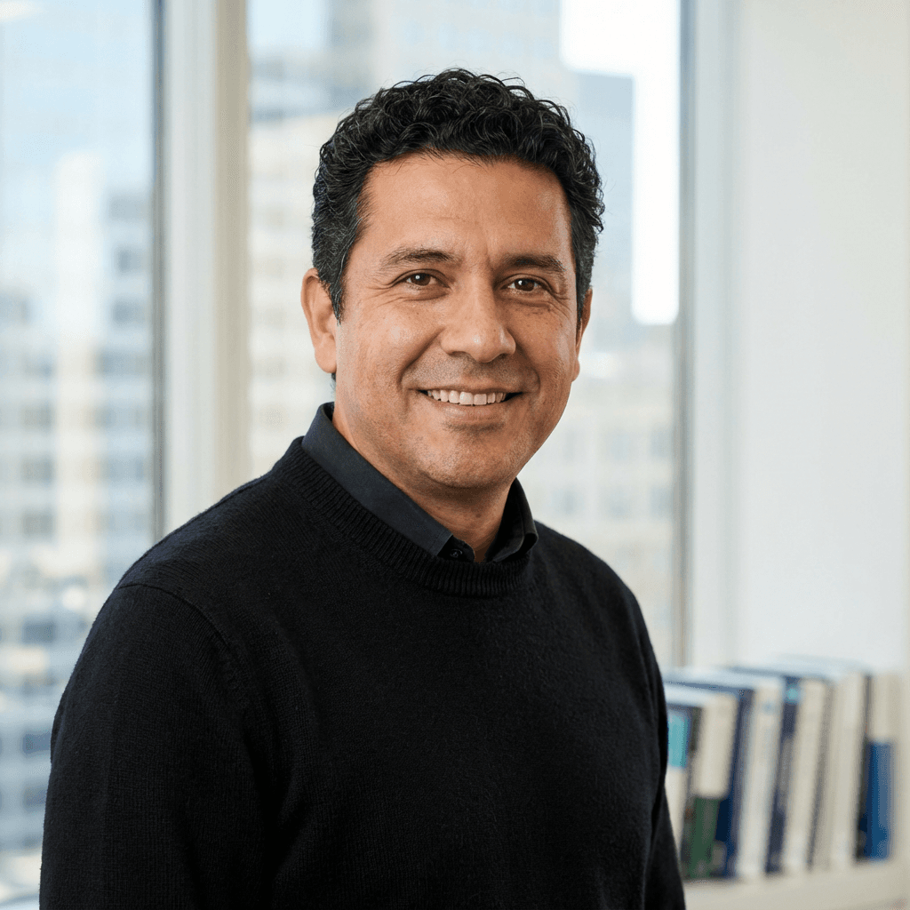 Hombre sonriente con cabello oscuro y rizado con suéter negro en una oficina luminosa.