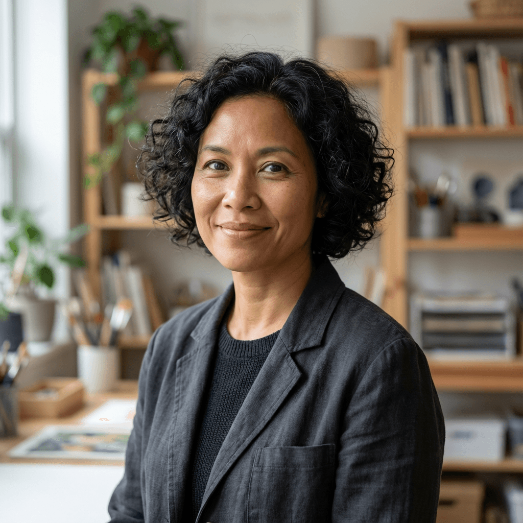 Mujer sonriente con cabello negro rizado y blazer gris en un estudio de arte iluminado.