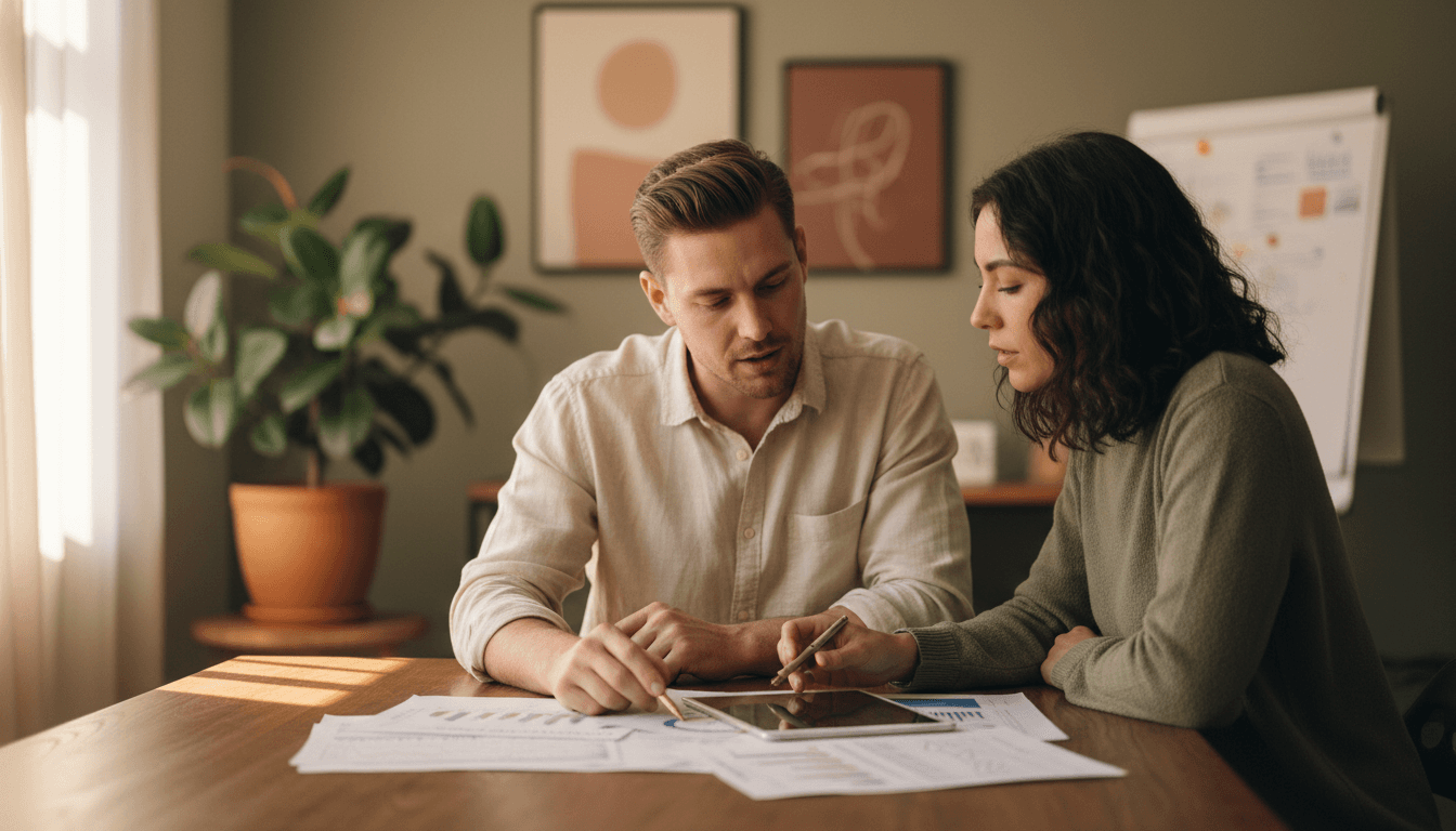 Business consultant reviewing financial documents with a service company owner