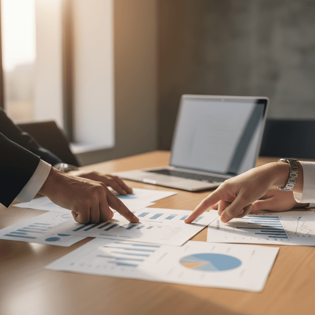Business consultant reviewing revenue data with a service business owner in an office