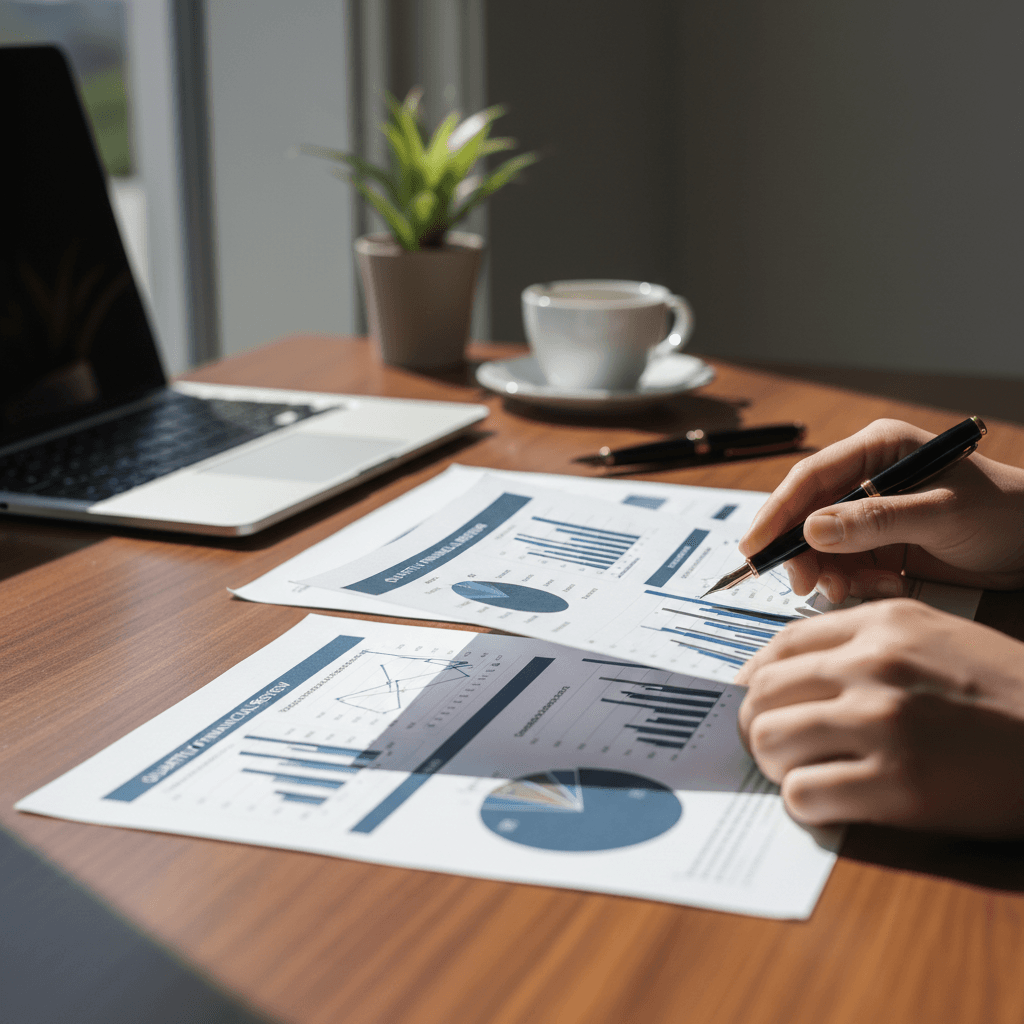 Business consultant reviewing revenue reports and operational flowcharts at a desk